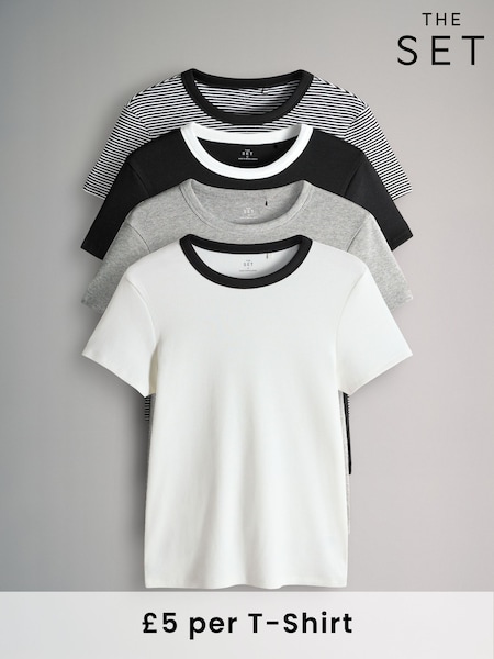 The Set Black/White/Stripe/Grey 4 Pack Ribbed Short Sleeve T-Shirts (W52792) | €28
