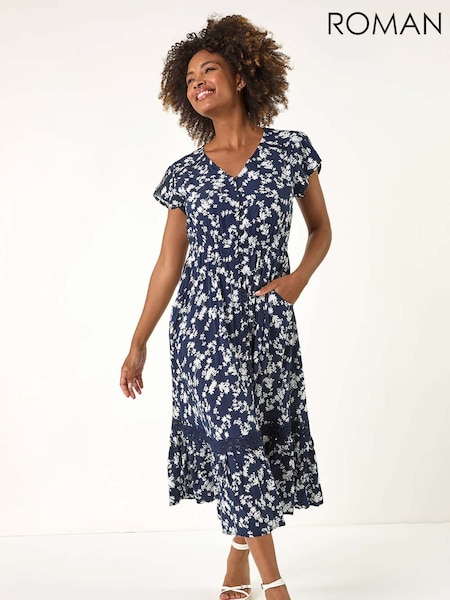 Roman Blue Floral Print Button Down Frill Midi Dress (W52834) | €69