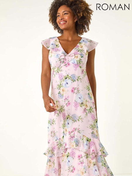 Roman Pink Floral Print Frill Chiffon Midi Dress (W52838) | €83