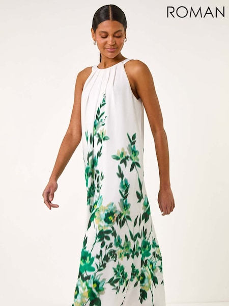 Roman Green Floral Print Halter Neck Midi Dress (W52842) | €86