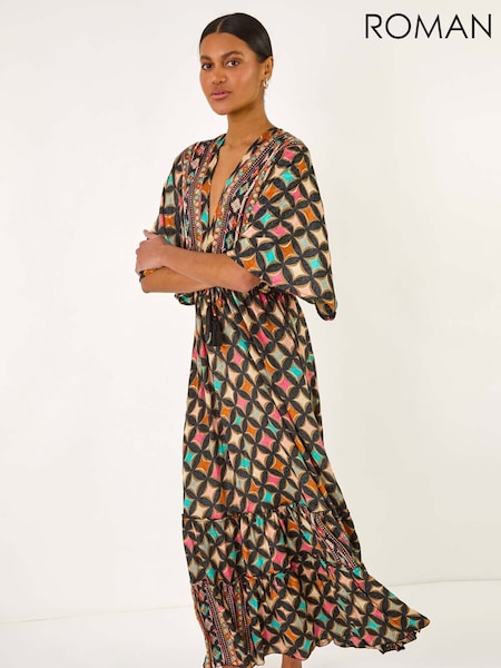Roman Black Geo Print V-Neck Frill Maxi Dress (W52844) | R$ 580