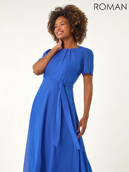 Roman Blue Pleated Chiffon Midi Dress (W52854) | 247 QAR