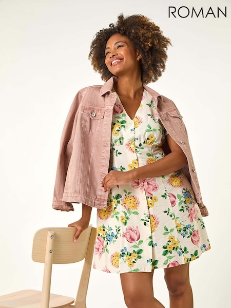 Roman Pink Floral Print V-Neck Tea Dress (W52876) | € 53