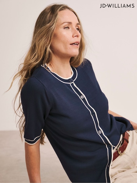 JD Williams Blue Contrast Trim Short Sleeve Cardigan (W52942) | €40