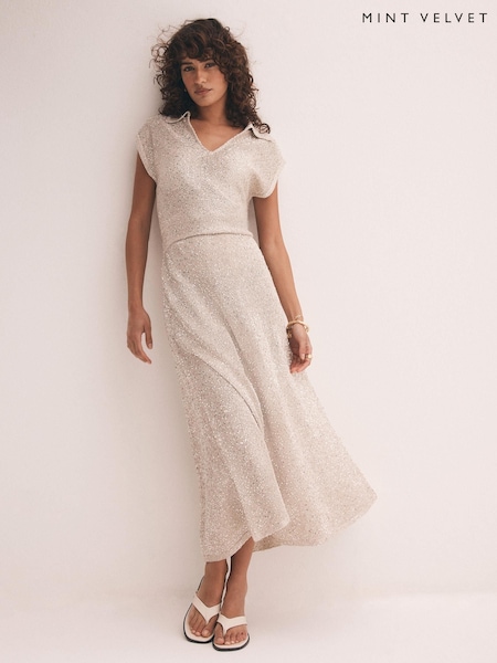 Mint Velvet Neutral Sequin Midi Dress (W53062) | €186