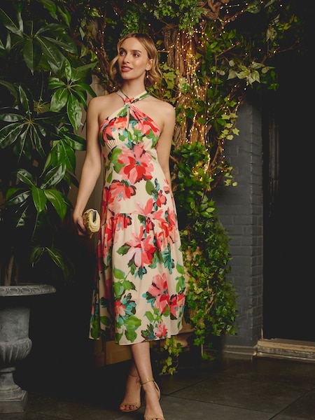 Adrianna Papell Pink Halter Flounce Dress (W53282) | 737 QAR