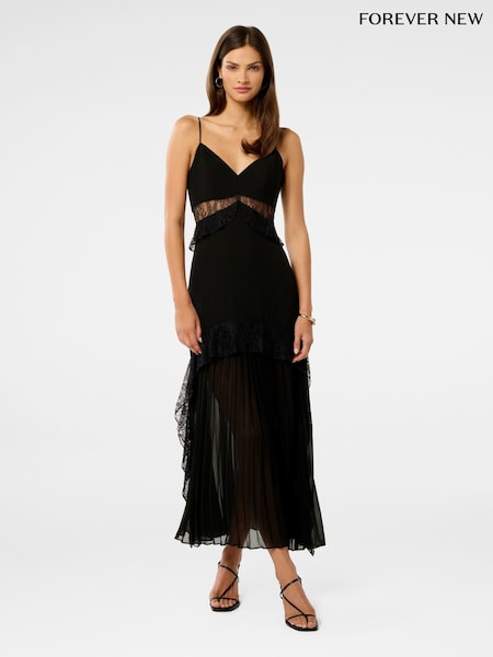 Forever New Black Lara Pleated Ruffle Maxi Dress (W53436) | €184
