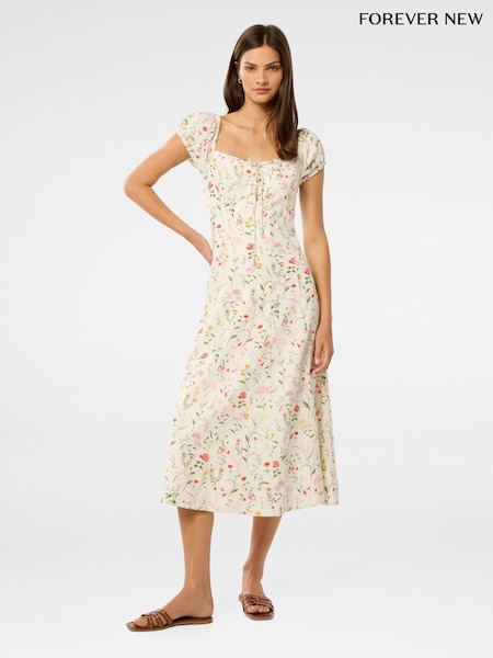 Forever New Cream Sallie Linen Blend Tie Front Midi Dress (W53444) | €146