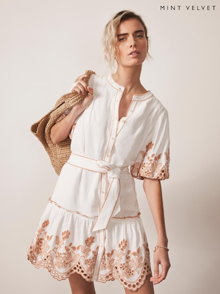 Mint Velvet White Mini Linen Blend Broderie Dress (W53485) | €212