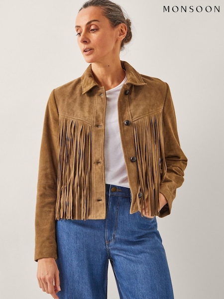 Monsoon Brown Lily Fringe Suede Jacket (W53540) | ₪1,257