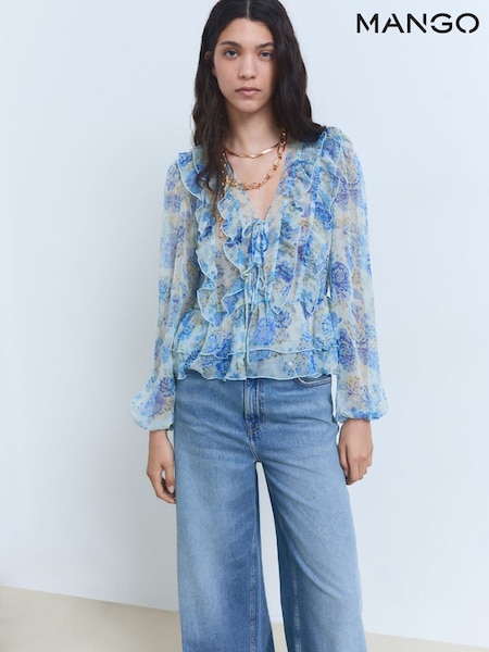 Mango Blue Floral Print Ruffle Blouse (W53565) | €48