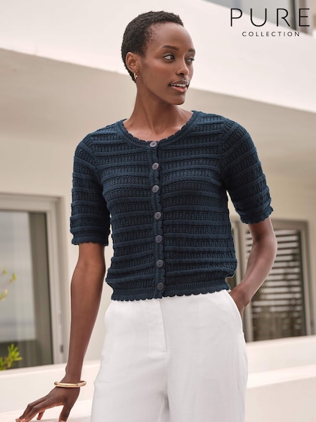 Pure Collection Blue 100% Cotton Short Sleeve Crochet Trim Cardigan (W53566) | €108
