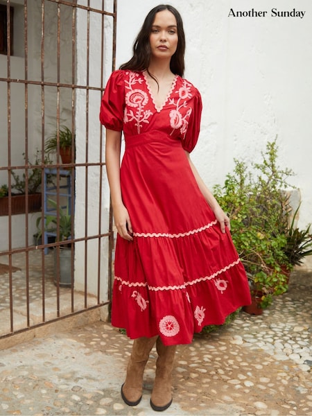 Another Sunday Red Embroidered V-Neck 100% Cotton Midi Dress (W53604) | €83