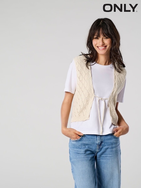 ONLY Natural Crochet Tie Front Waistcoat (W53610) | ₪126