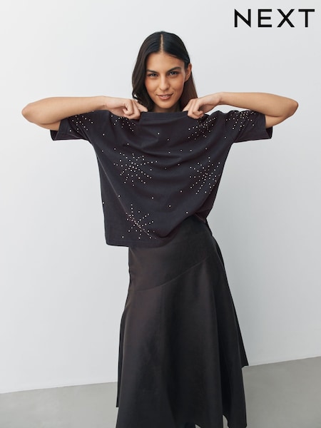 Charcoal Studded Embellished Crew Neck T-Shirt (W53841) | €34.50