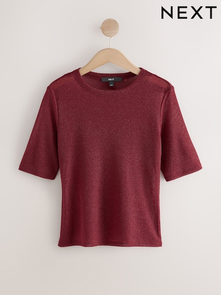 Berry Red Sparkle Half Sleeve Crew Neck T-shirt (W53842) | 99 QAR