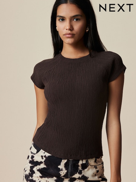 Maro Ciocolată - Raglan Mânecă scurtă Textured Top (W53846) | 115 LEI