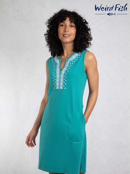 Зеленый - Weird Fish Anaya Embroidered Jersey 100% Cotton Shift Dress (W53865) | €53
