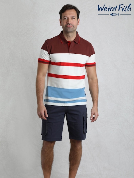 Weird Fish Red Sunbury Striped Pique 100% Cotton Polo Shirt (W53879) | €56