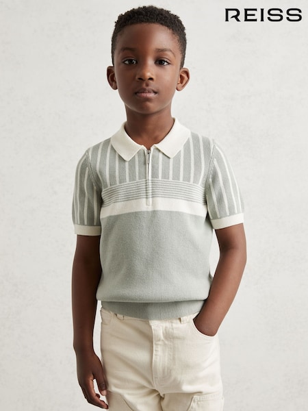 Reiss Sage Green/Off White Hugo Cotton Stripe Knit Half Zip Polo Shirt (W53916) | AED302