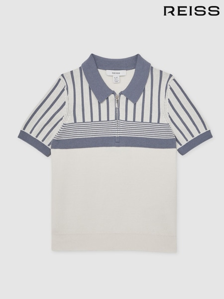 Reiss Off White/ Airforce Blue Hugo Cotton Stripe Knit Half-Zip Polo Shirt (W53941) | €65