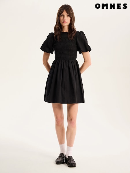 Schwarz - Omnes Terri 100% Cotton Shirred Puff Sleeve Floral Midi Dress (W53976) | 92 €