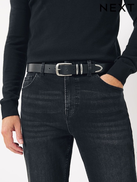 Black Leather Belt With Double Metal Keeper And Tip Detail (W54001) | €22.50