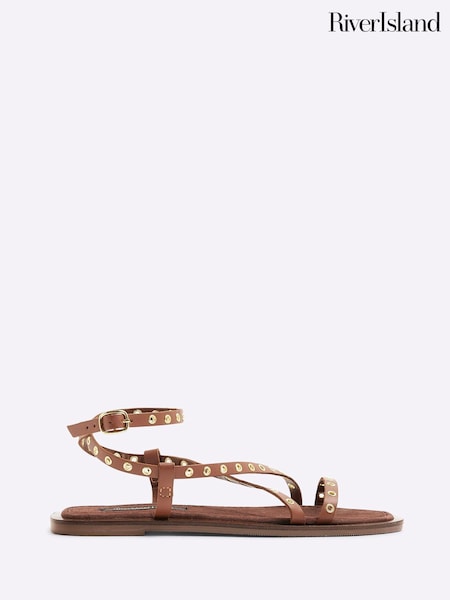 River Island Brown Eyelet Strappy Flat Sandals (W54031) | €48
