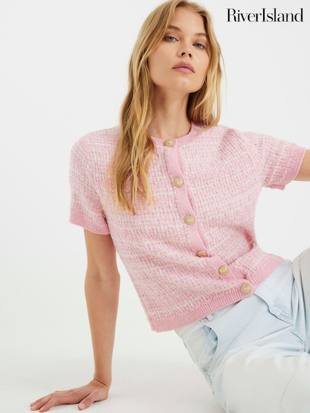 River Island Pink Short Sleeve Boucle Cardigan (W54067) | R$ 415