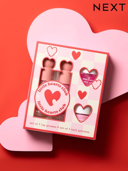 Red/Pink - Girls Little Hearts Club Lip Gloss And Water Based Nail Polish Set