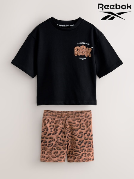 Reebok Leopard Animal Print Short Sleeve T-Shirt and Printed Cycling Shorts Set (W54611) | €25 - €33