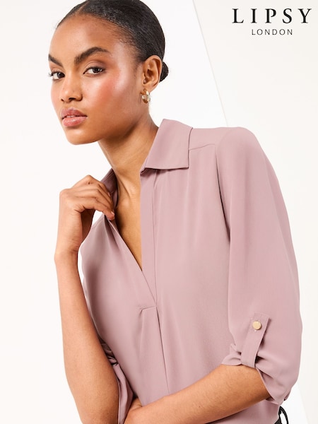 Svetlo roza - Lipsy V-Neck 3/4 Sleeve Collared Blouse (W54830) | € 42