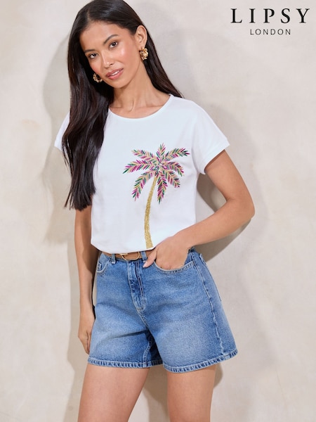 Lipsy White Embroidered Palm T-Shirt (W54962) | R$ 315