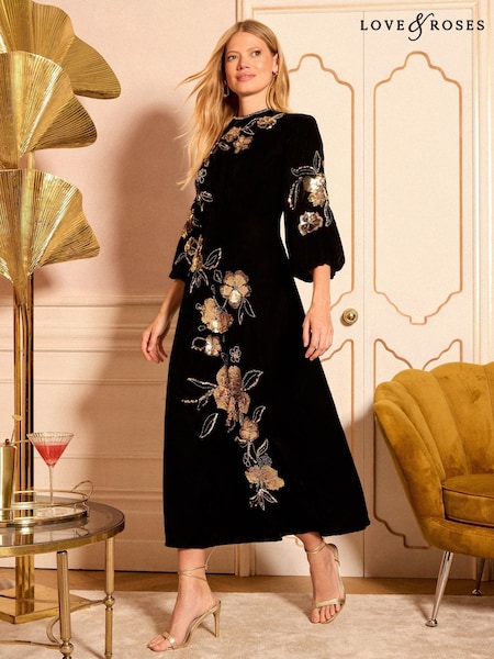 Love & Roses Black/Gold Velvet Gold Embellished Midi Dress (W55035) | €237