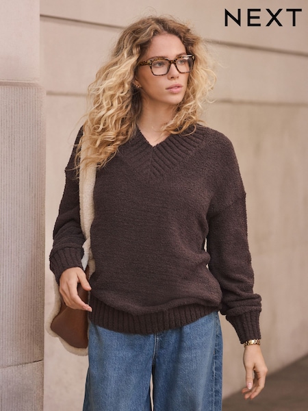 Chocolate Brown Fluffy Teddy Cosy V-Neck Long Sleeve Jumper (W55054) | €34