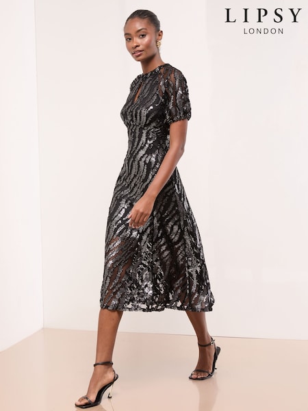 Lipsy Black Animal Print Metallic Underbust Fit And Flare Midi Dress (W55057) | €101