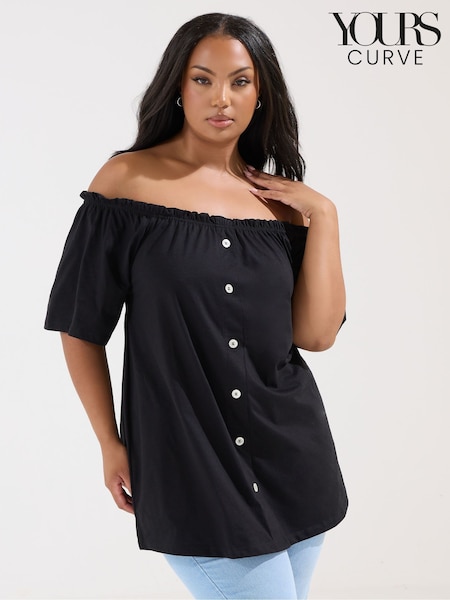 Yours Curve Black Frill Bardot Button Front Top (W55070) | €31