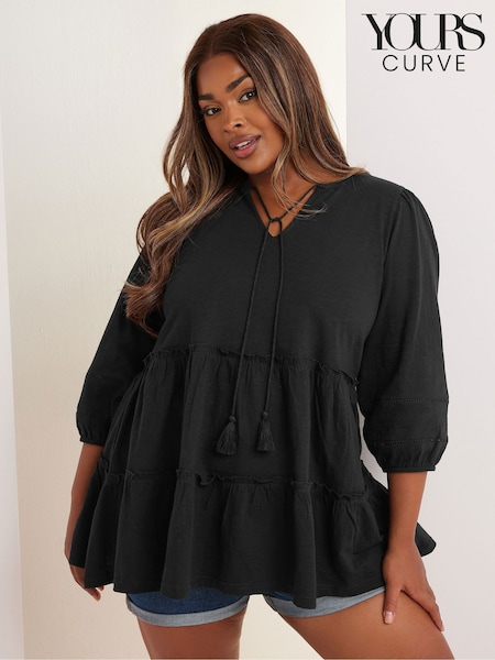 Yours Curve Black Slub Tierred Boho 100% Cotton Top (W55071) | €42
