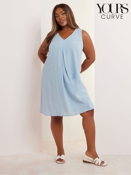 Yours Curve Blue Pleated Front Dress Containing Linen (W55077) | €38