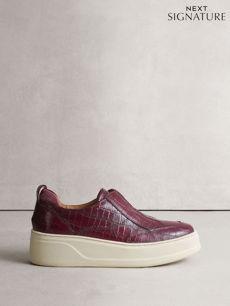 Burgundy Croc Effect Signature Leather Chunky Wedge Platform Trainers (W55099) | €58