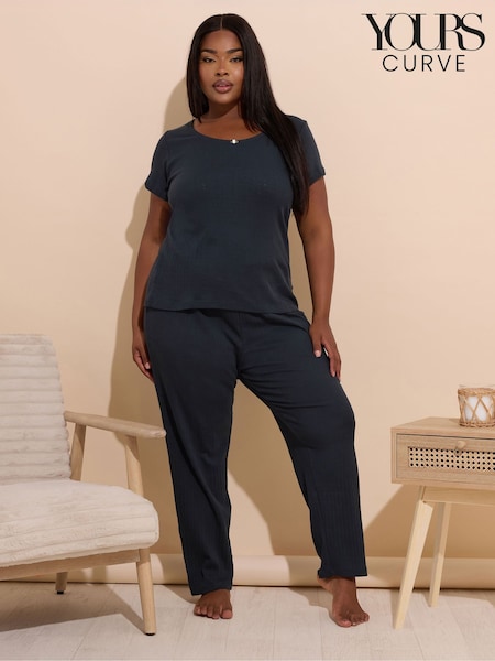 Yours Curve Blue Pointelle Cami Wide Leg Pant 100% Cotton Pyjamas Set (W55108) | AZN 73