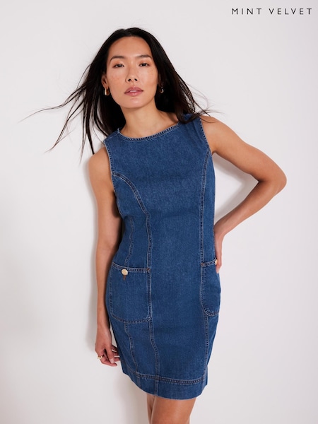 Mint Velvet Blue Dark Indigo Denim Shift Mini 100% Cotton Dress (W55112) | €159