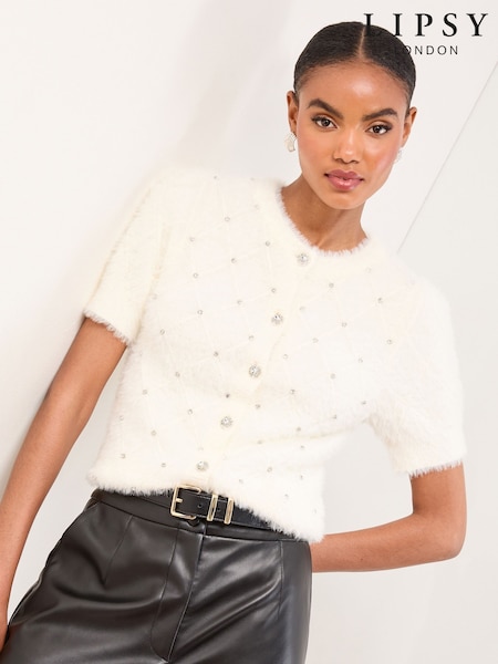 Lipsy Ivory Embellished Crew Neck Short Sleeve Cardigan (W55230) | €56