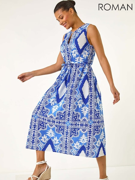 Roman Blue 100% Cotton Abstract Print Halter Midi Dress (W55257) | €63