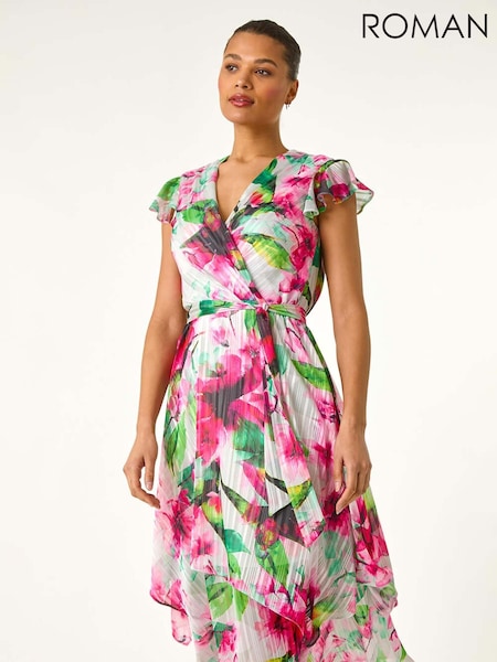 Roman Pink Floral Ruffle Tie Waist Midi Dress (W55260) | €96