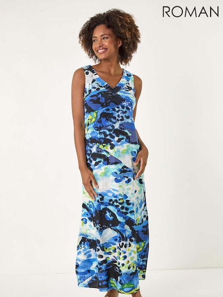 Roman Blue Abstract Linen Mix Midi Dress (W55264) | R$ 665
