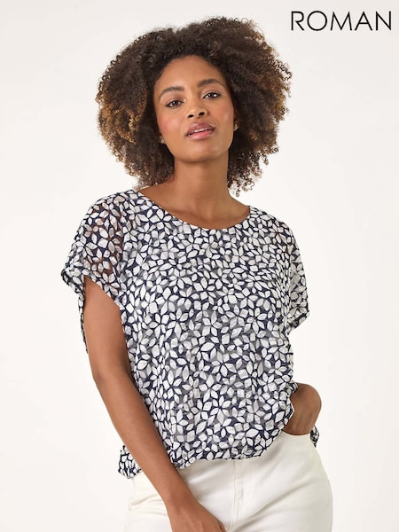 Roman Blue Printed Lace Bubble Hem Blouse (W55282) | €53