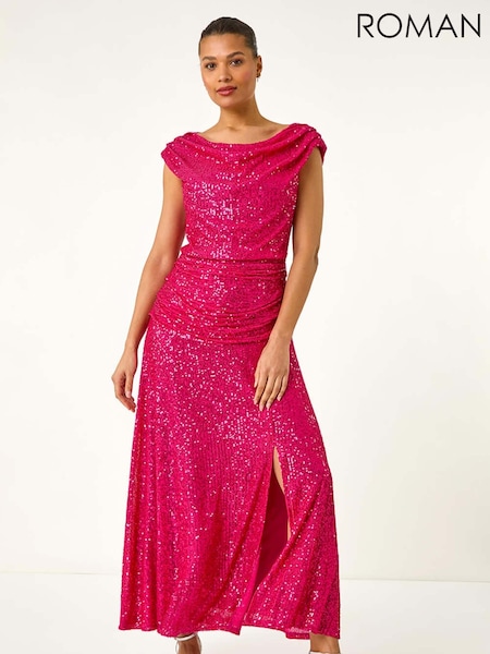 Roman Pink Sequin Cowl Neck Maxi Stretch Dress (W55292) | OMR61