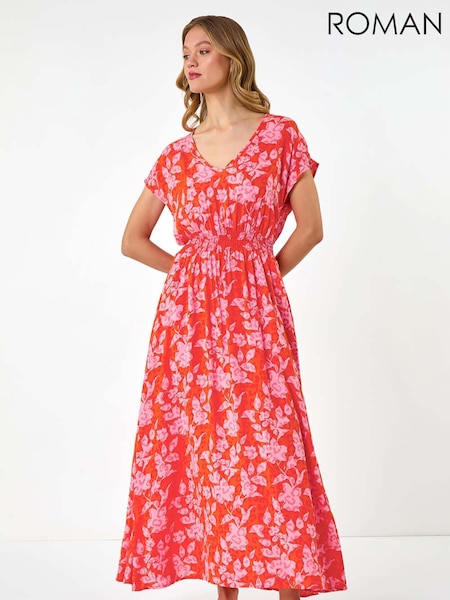 Roman Orange Floral Print Shirred Maxi Dress (W55301) | €78
