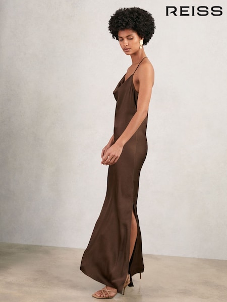 Reiss Chocolate Brown Maisley Satin Cowl-Neck Slip Dress (W55359) | €205
